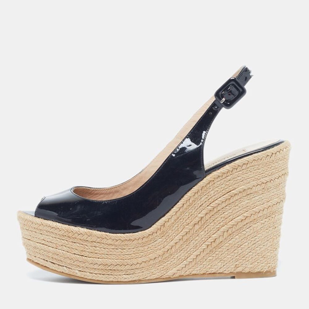 Valentino Size 40 Black Patent Leather Espadrille Wedge Sandals